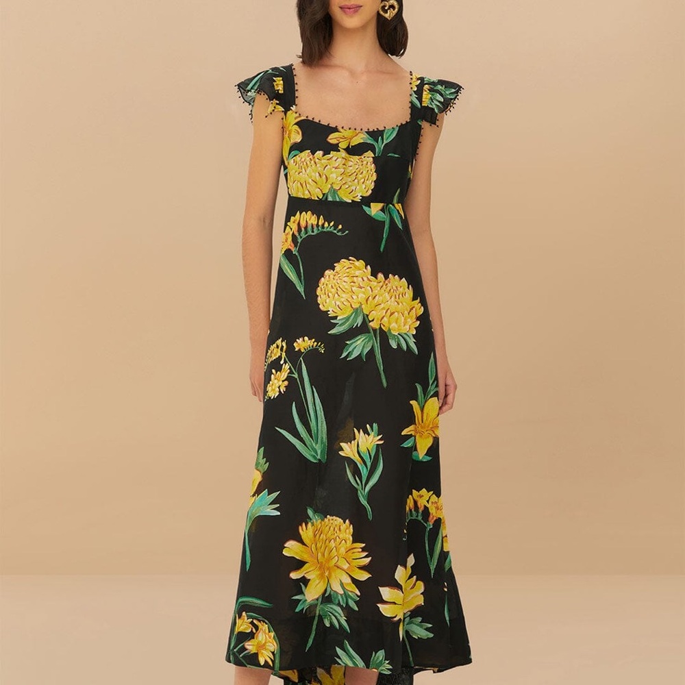 FARM Rio Black Alice Flowers Flutter Sleeve Maxi Dress